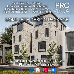 以下が含まれることがあります： 4階建てのモダンなデュプレックスハウスのデザインで、完全なデザインパッケージが付属しています。建物は、明るい灰色のレンガのファサード、大きな窓、そして「COMPLETE DESIGN PACKAGE」のテキストが特徴です。寸法は6.2m x 8.8m、面積は54.5m2です。