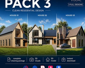 Moderne Häuser Pack 3 Architektur im skandinavischen Stil Set Komplettes Zeichnungspaket 3D-Modell Visuelles Wohndesign