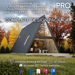 Puede incluir: Diseño de casa con estructura en A con exterior gris oscuro y grandes ventanales. La imagen incluye el texto "COMPLETE DESIGN PACKAGE" y detalles sobre el tamaño de la casa, que es de 10m x 6m, y el área, que es de 60 m2. La imagen también incluye el texto "PRO VISUAL".