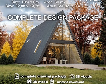 A-Frame House Plans 60 m2 / 646 sq ft – 2 Story Cabin Design – Modern Triangle House – Complete Architectural Drawing Set + 3D Model