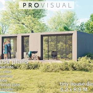 Tiny House SMALL HOUSE BLEUPRINT Loft, Architectural Drawings & cabin floor plans with Build Plans Set, cottage design, 3D model, home build