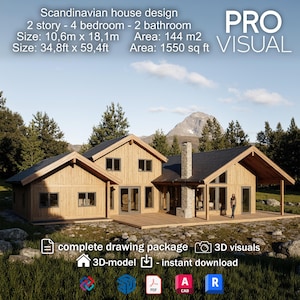 Scandinavische huisontwerpplannen | Plattegrond cabine pdf IFC | Nordic huisbouw blauwdruk lay-out | Bouwplan voor architectonisch tekenen