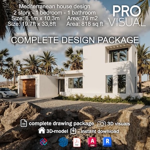 May include: A modern, two-storey Mediterranean house design with a white exterior, featuring a garage and palm trees. The image includes text indicating a complete design package, with dimensions of 6.0m x 10.3m and an area of 76 m².