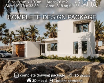 Modern Mediterranean House Plans 76 m2 (818 sq ft) – 2 Story Villa – 1 Bedroom Home – Complete Architectural Drawings, Floor Plan + 3D Model