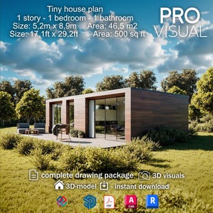 Planimetria di una moderna mini-casa / Progetto di un piccolo cottage / Disposizione di una cabina minimalista / Progetto di una casa fai da te / Download di disegni architettonici 3D in formato PDF
