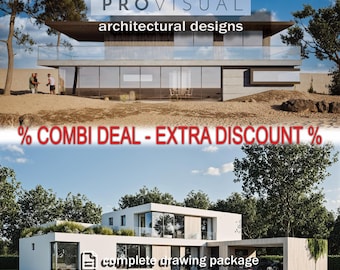 May include: Architectural designs are showcased in this image, featuring modern home renderings. The image includes the text "PROVISUAL architectural designs" and icons for CAD, PDF, and other design software. The bottom half of the image shows a modern home with the text "complete drawing package".