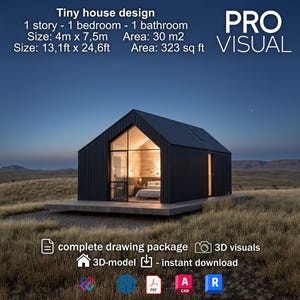 Modernes Tiny House Plan | Komplette Architekturzeichnungen, 3D Modell & Visuals | Off-Grid skandinavische DIY Kabine | 1 Geschichte 1 Schlafzimmer Design