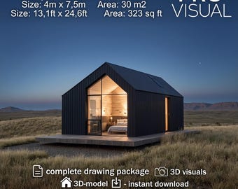 Modern Tiny House Plan | Complete Architectural Drawings, 3D Model & Visuals | Off-Grid Scandinavian DIY Cabin | 1 story 1 bedroom design