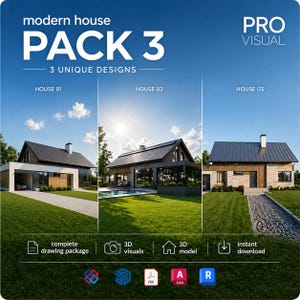 Op de afbeelding: Promotieafbeelding voor een modern huispakket, met drie unieke huisontwerpen. De afbeelding bevat de tekst "modern house PACK 3" en "3 UNIQUE DESIGNS". Pictogrammen duiden op een compleet tekenpakket, 3D-visuals, 3D-model en direct downloaden.