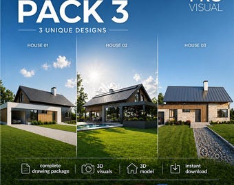 Modern Villa House Plans Bundle 3 Luxury Homes 3D Model Drawing Package Contemporary Architecture Residential Design Instant Download