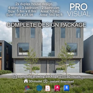 Puede incluir: Una representación digital de un diseño de casa dúplex moderno. El edificio de cuatro pisos cuenta con tres dormitorios, dos baños y una superficie total de 52 m². La imagen incluye el texto "COMPLETE DESIGN PACKAGE" y otros detalles.