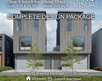 Duplex home Plan for Two houses, 4 Story 3 Bedroom Home Design, 560 Sq Ft Dwelling, Modern Architectural Drawing Set, Floor Plans + 3D Model