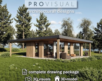 Plano de casa diminuta moderna: diseño minimalista de cabaña pequeña, distribución acogedora de casa de campo, plano de casa sostenible para construir uno mismo, descarga de plano en PDF