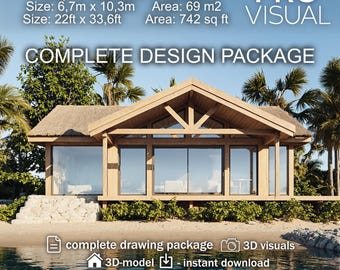 Coastal Beach House Plans 69m2 (742 sq ft) – 2 Bedroom Modern Seaside Home – Full Architectural Drawings + 3D Model & Renders