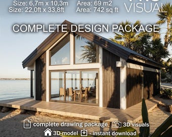 Small Coastal Beach House 742 sq ft (69m2) – 3 Bedroom, 2 story Modern Seaside Retreat – Complete Architectural Drawings, 3D Model & visuals