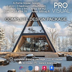 Puede incluir: Diseño de casa con estructura en A de estética moderna. La imagen muestra una casa de dos pisos, tres dormitorios y dos baños. El tamaño es de 10,6 m x 6 m, con una superficie de 64 m2. El texto dice "COMPLETE DESIGN PACKAGE".