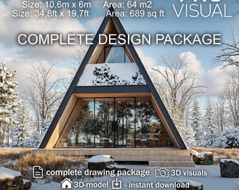A-Frame House Plans 64 m2 / 689 sq ft | 2 Story Cabin Design | Triangle House | Complete Architectural Drawing Set 3D Model Vacation Living