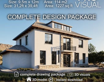 Modern Mediterranean House Plan 4 Bedroom | 3 Story Home Design 114m2 1227 sq ft | Blueprint PDF + 3D Model + Full Drawing Included Download