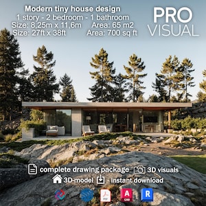 Moderner Beton Tiny House Plan, 2 Schlafzimmer 1 Geschichte kleines Haus, baufertige Architekturzeichnungen PDF, IFC und 3D-Modell, Grundriss Design