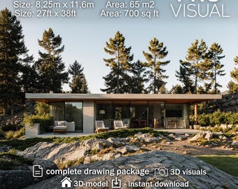 Modern Concrete Tiny House Plan, 2 Bedroom 1 Story Small Home, Build-Ready Architectural Drawings PDF, IFC and 3D Model, floor plan design