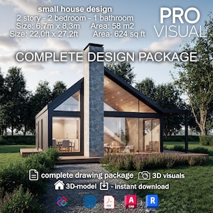 Progetti di piccole case moderne / Progetti architettonici di piccole case con 2 camere da letto con modello 3D, planimetria e set di disegni completo / File IFC, progettazione di ville