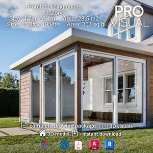 Plano de construcción de terraza/porche (DIY), guía para un porche clásico de una planta, dibujos arquitectónicos digitales en PDF para proyectos de ampliación de viviendas.