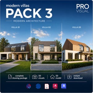 Könnte beinhalten: Ein Bild, das ein modernes Architekturpaket mit dem Titel "PACK 3" zeigt, das drei Villen-Designs enthält. Der Text "modern villas" und "MODERN ARCHITECTURE" ist enthalten. Symbole zeigen ein komplettes Zeichenpaket, 3D-Visualisierungen, ein 3D-Modell und einen Sofort-Download.