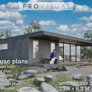 Moderne Tiny House-plannen - Betonhuisontwerp met 1 verdieping en 2 slaapkamers, blauwdruk klein huis, architectuurtekening, modern huisontwerp, 3D-model