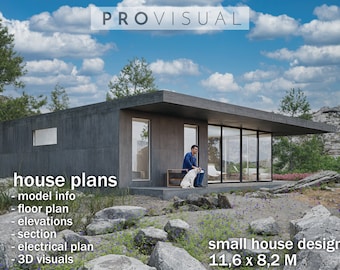 Modern Tiny House Plans – 1-Story 2-Bedroom Concrete Home Design, Small House Blueprint, Architecture Drawing, modern home design, 3D model