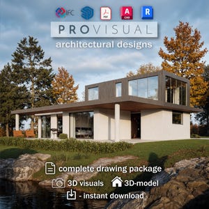 Könnte beinhalten: Das Bild zeigt ein modernes zweistöckiges Haus mit großen Fenstern und einem Flachdach. Das Haus ist weiß mit dunkelgrauen Akzenten und von Bäumen und einem See umgeben. Der Text "PROVISUAL architectural designs" ist sichtbar.