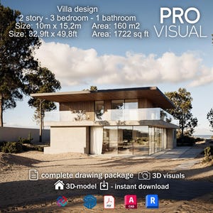 Plattegrond moderne villa – architectonisch ontwerp met 2 verdiepingen + 3D-model – plattegronden moderne woningblauwdruk – luxe moderne architectuur