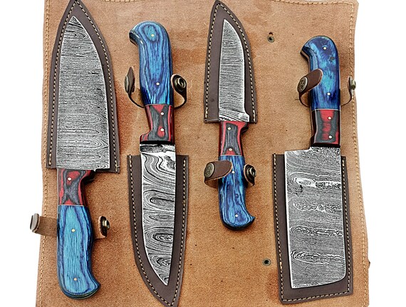 Splendido set di 7 coltelli in acciaio Damasco con manico in legno di radica di resina blu - Set di coltelli da chef giapponesi con anima in acciaio VG10 - Italia