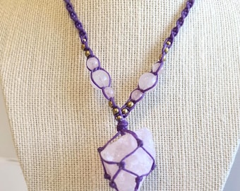 Raw Rose Quartz Crystal Macrame Necklace