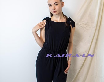 Handmade Wide Leg Jumpsuit: Black Knit, Adjustable Tie Straps