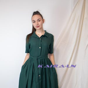 Green Linen Maxi Dress with Pockets – Short Sleeves, Button Front, Elastic Waist, Handmade & Customizable