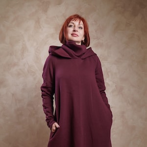 Handmade Burgundy Maxi Hoodie Dress: Turtleneck, Side Zipper,Warm winter clothing