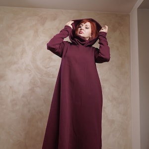 Handmade Burgundy Maxi Hoodie Dress: Turtleneck, Side Zipper,Warm winter clothing