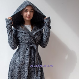 Women&#39;s Cardigan, Fairycore Wrap Cardigan with Hood – Asymmetrical Handmade Knit Coat with Pockets and Thumbholes – Boho Witchy Outerwear