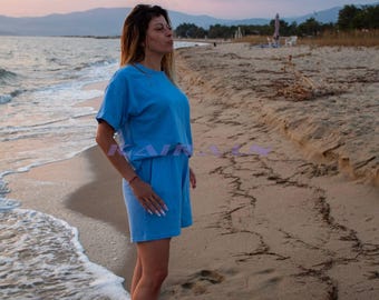 Handmade Cotton Knit Summer Outfit, Light Blue Shorts and Top Set