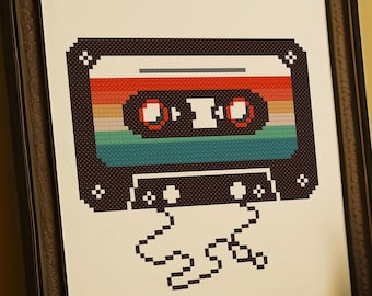 Patrón de punto de cruz de casete de audio vintage: proyecto DIY para amantes de la música retro de los 80