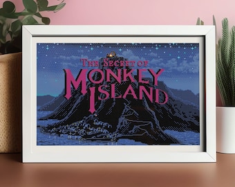 Patrón de punto de cruz de Monkey Island: Pantalla de título de Mêlée Island con logotipo (patrón en PDF)