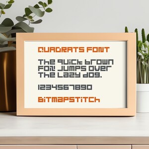 May include: A framed print with a white background and a black and orange font. The text reads "Quadrats Font", "The quick brown fox jumps over the lazy dog.", "1234567890", and "Bitmapstitch".