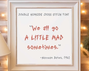 Patrón de punto de cruz de la fuente de terror "Double Homicide": alfabeto para Halloween y fanáticos de las películas de terror.