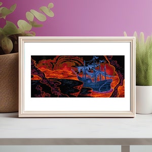 May include: A framed print of a black ship sailing on a red and orange sea with a dark background. The ship has white sails and is surrounded by dark trees.