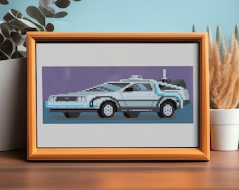 Patrón de punto de cruz DMC DeLorean de Regreso al Futuro / Diseño Pixel Art / Manualidades DIY para geeks