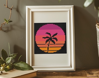 Patrón de punto de cruz de palmera retrowave al atardecer: arte pixelado de synthwave neón, bordado neón de los 80