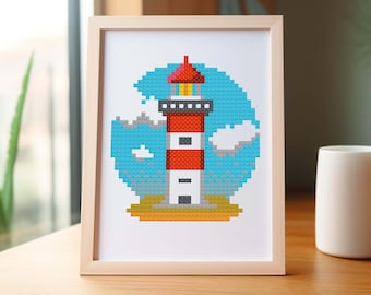 Patrón de punto de cruz de un encantador faro: rayas rojas y blancas sobre un cielo azul con nubes