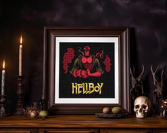 Patrón de punto de cruz de Hellboy en pixel art: manualidad DIY para fans de los cómics de terror