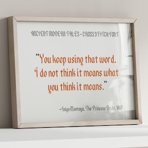 May include: Framed print with the quote "You keep using that word. I do not think it means what you think it means." in orange gothic font. The text is from The Princess Bride, 1987. The frame is light wood.