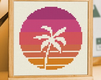 Patrón de punto de cruz circular con palmeras al atardecer, estilo retrowave y synthwave, colores degradados, descarga en PDF